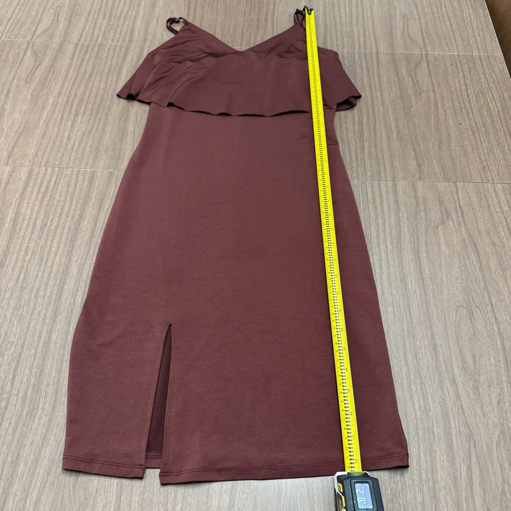 Women’s S Burgundy Bodycon Mini Dress Slit Flounce‎ Overlay At Bust Sleeveless - Picture 9 of 16